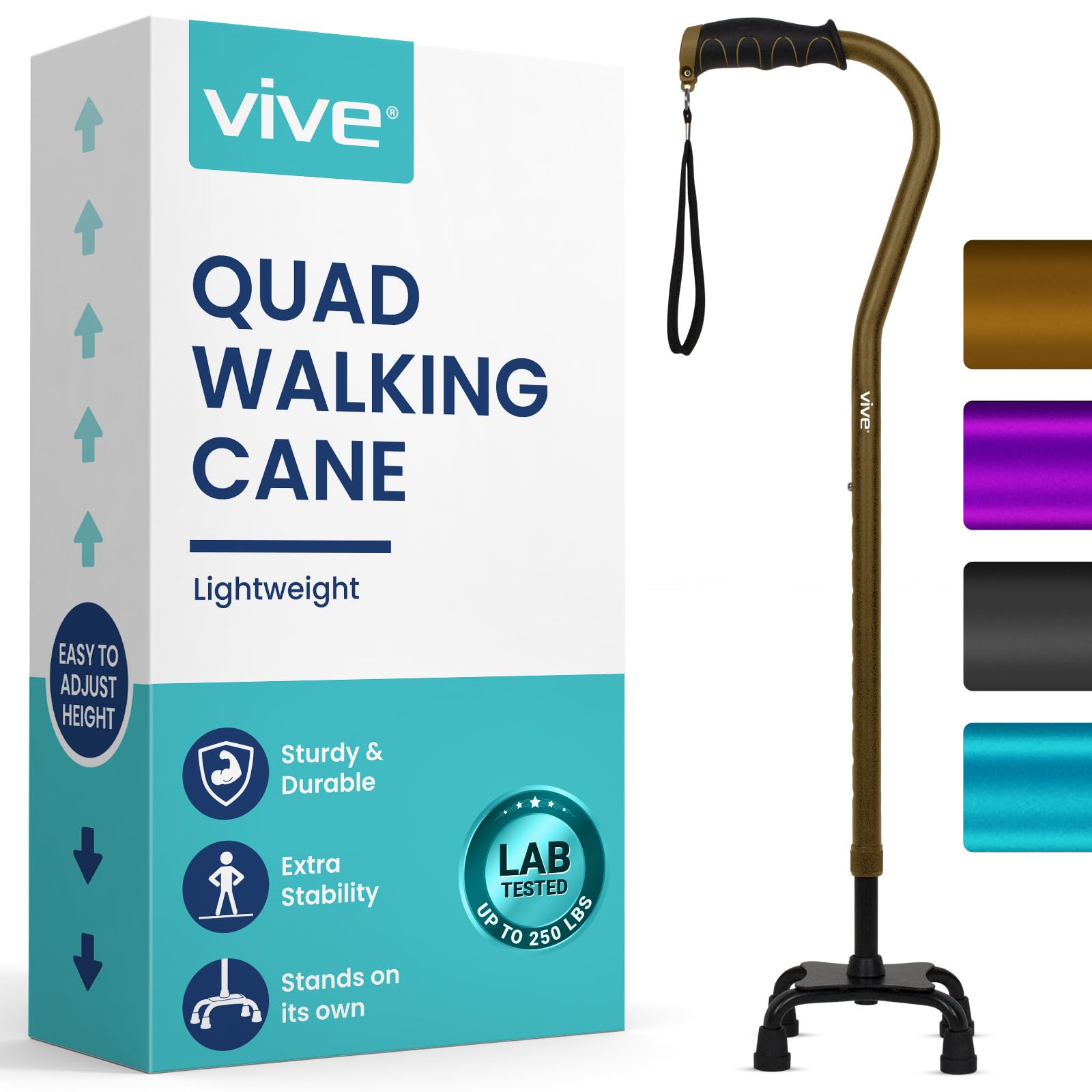 Vive Quad Cane - Walking Stick for Men and Women - Lightweight Adjustable Staff - Comfortable Right and Left Hand Grip for Stability Support - Four Prong Sturdy Aluminum Travel Aid - 4 Tip