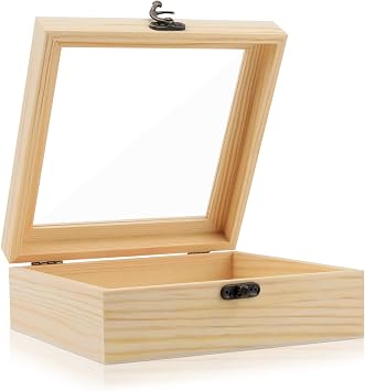 Nsmykhg Wooden Box,Wooden Storage Box,Rectangle Unfinished Pine Wood Display Case Natural Wood with Hinged Lid and Front Clasp for DIY Craft Art, Jewelry 7 x 7 x 2.8 In