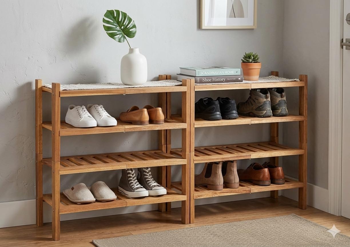 Acacia Wood Shoe Rack 2 Tier (Brush Teak Finish) – Stackable Shoe Organizer Two Tier Shoe Rack – Sturdy Wooden Shoe Storage Shelf for Entryway, Closet, Mudroom