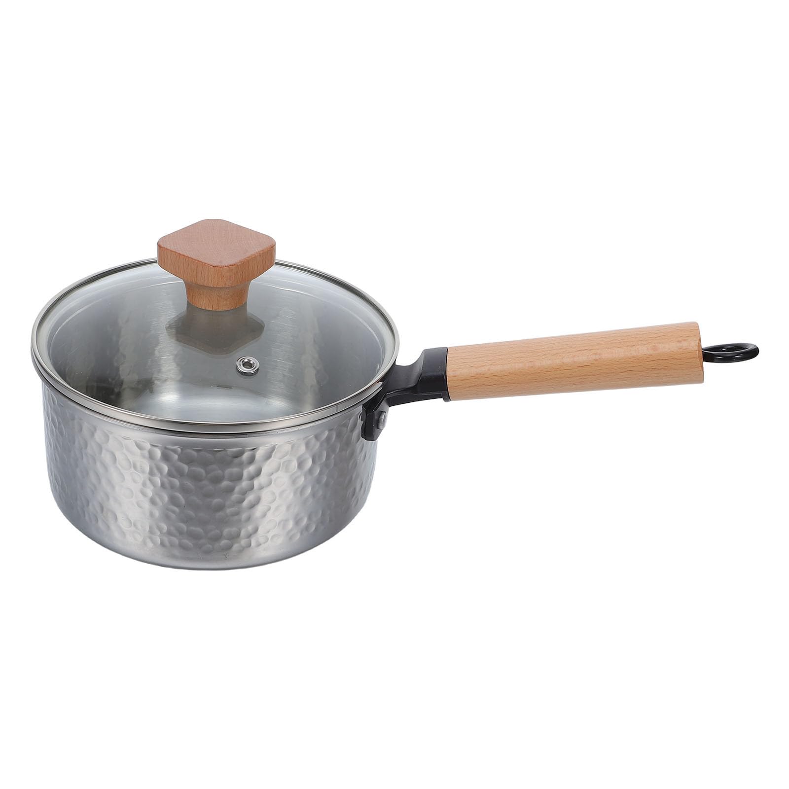 Saucepan en Acier Inoxydable Argenté, Couvercle Verre, Manche Bois
