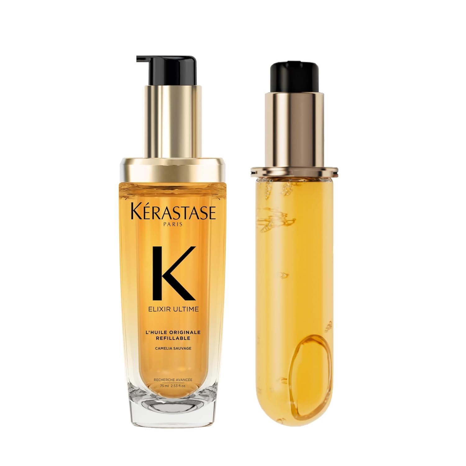 KÉRASTASE Elixir Ultime, Huile Originale y Recarga, Aceite capilar embellecedor multiusos, Tratamiento termo-protector sin aclarado, Aceites de Camelia, Marula y Argán, Todo tipo de cabello, 2 x 75 ml