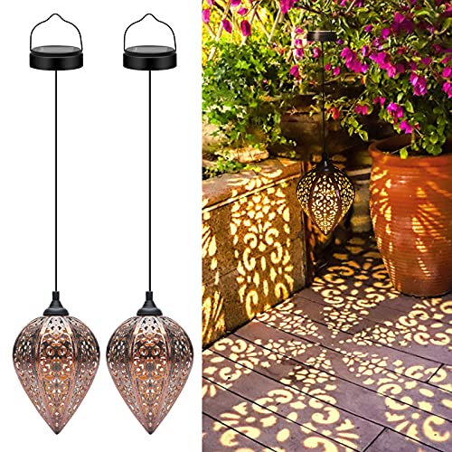 Lot de 2 Lanterne Solaire, Lanternes Exterieur Jardin, LED IP44 Étanche Solaire Lampe Suspendue, Lampe Solaire Métal Exterieur Jardin pour Garden Patio Balcon