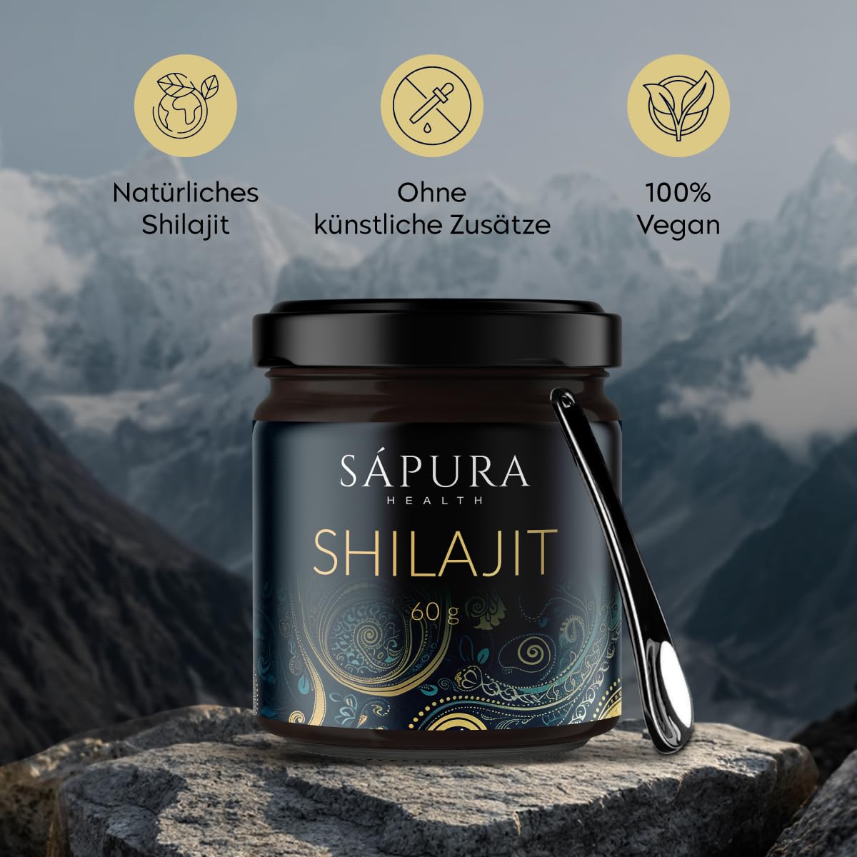 Shilajit Harz Original Resin *60g* Inklusive Löffel - Fulvinsäure + Huminsäure + 85 Mineralstoffe | Inklusive Laborbericht & Qualitätszertifikat