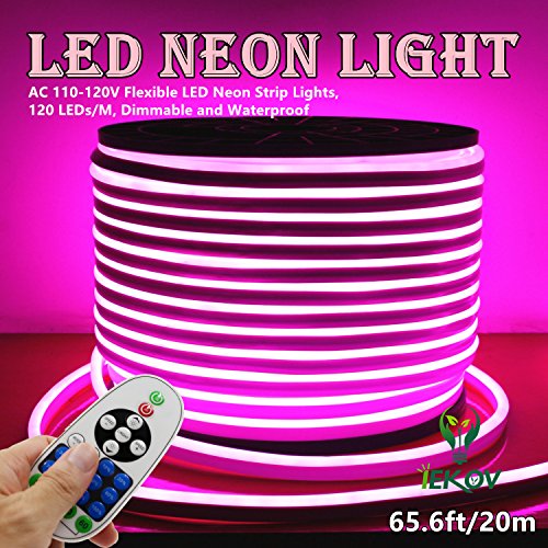 IEKOV LED NEON Light, AC 110-120V Flexible LED Neon Strip Lights, 120 LEDs/M, Dimmable, Waterproof 2835 SMD LED Rope Light + Remote Controller for Home Decoration (65.6ft/20m, Pink) - Thumbnail 2