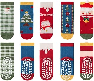 Baby Christmas Socks Kids Non Slip Grip Winter Socks for Boy/Girl | Kids Anti-slip Christmas Socks,Cotton Cozy Warm, Holiday Elk/Santa Claus/Christmas Tree/Snowmen/Reindeer Print,5 Pairs