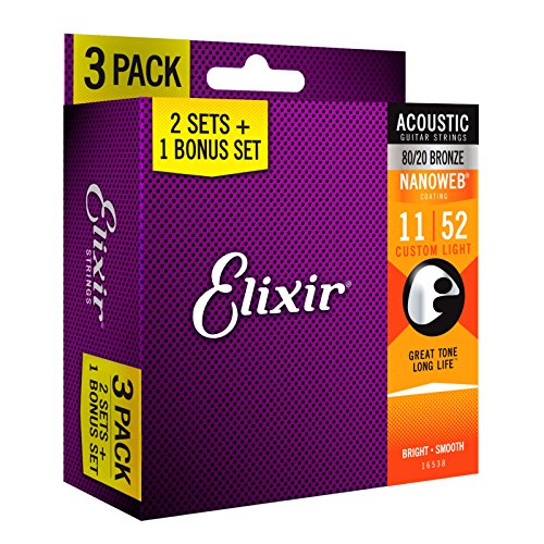 Elixir Strings Acoustic 80/20 Bronze Guitar Strings with NANOWEB Coating - Bonus Pack, Custom Light Gauge (.011-.052)