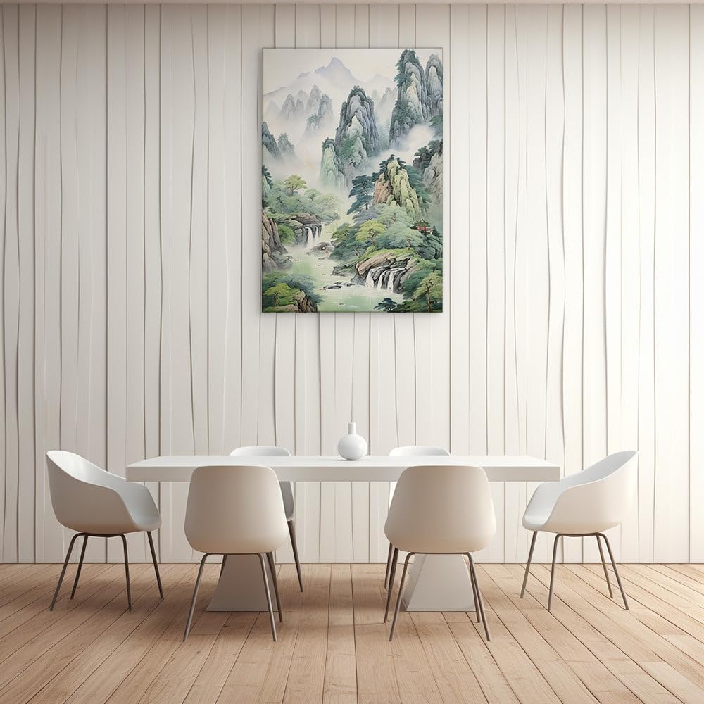 Canvas for Living room. Mystic Peaks and Serene Streams: A Tapestry of Oriental Tranquility, 27 x 18 inch Canvas Wall Art - Contemporary Masterpieces - Modern Home Decor