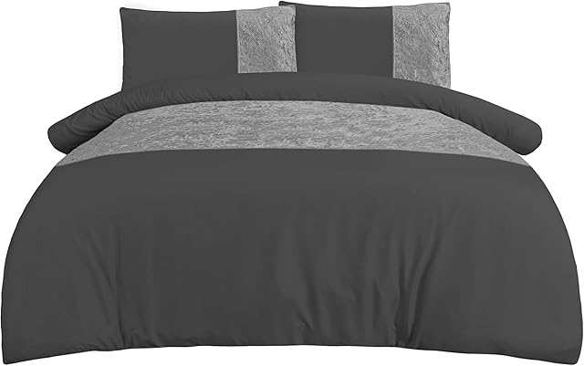 Sleepdown Velvet Cuff Charcoal Grey Panel Band Luxury Soft Cosy Duvet Cover Quilt Bedding Set with Pillowcases - Super King (260cm x 230cm)