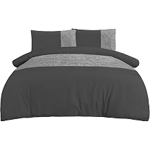 Sleepdown Velvet Cuff Charcoal Grey Panel Band Luxury Soft Cosy Duvet Cover Quilt Bedding Set with Pillowcases - Double 200 cm x 200 cm