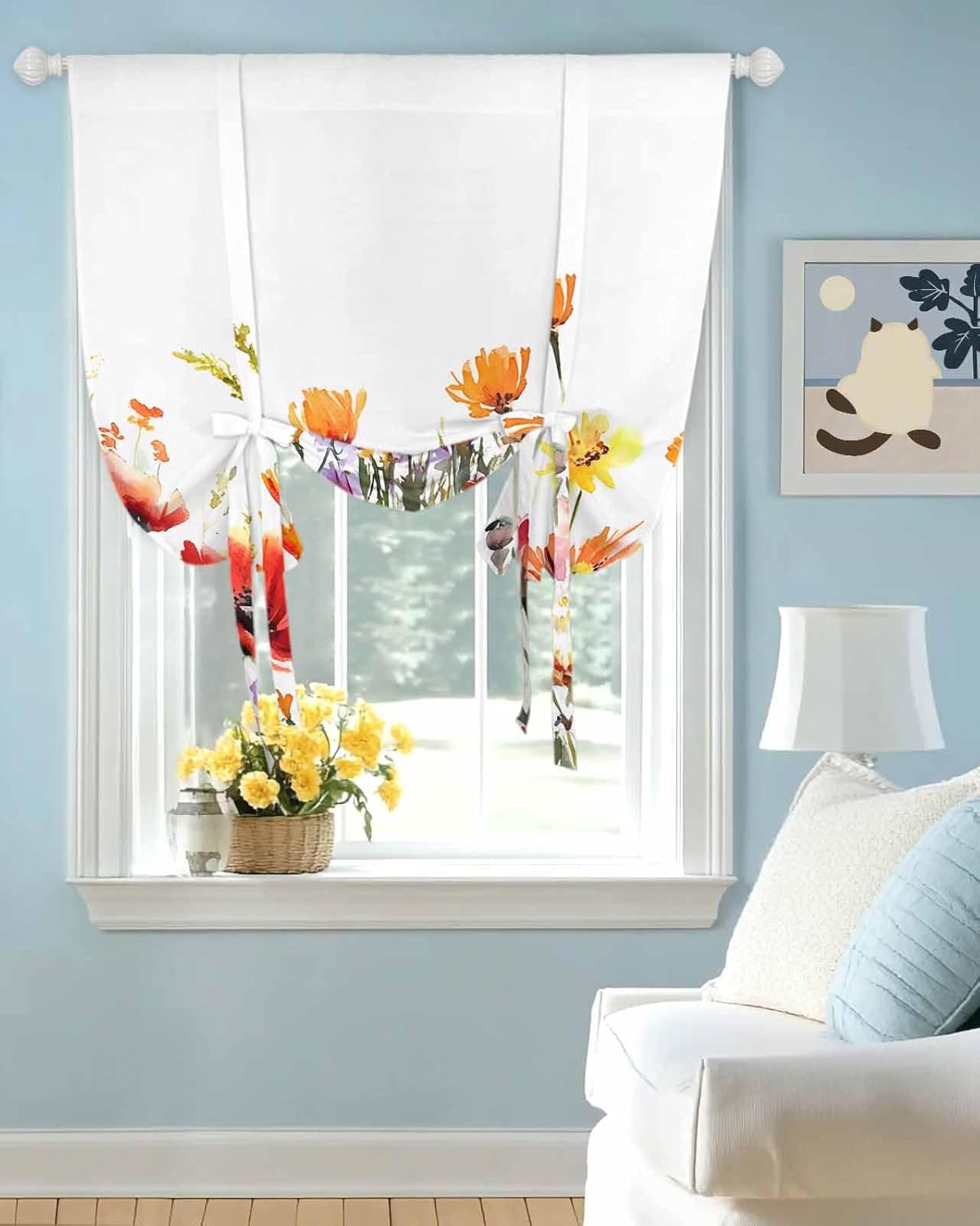 Tie Up Curtain for Windows Wildflower Balloon Window Shades for Bedroom Bathroom Adjustable Rod Pocket Colorful Leaves Flower Window Treatments Curtains Valance for Kitchen 52" W x 63" L