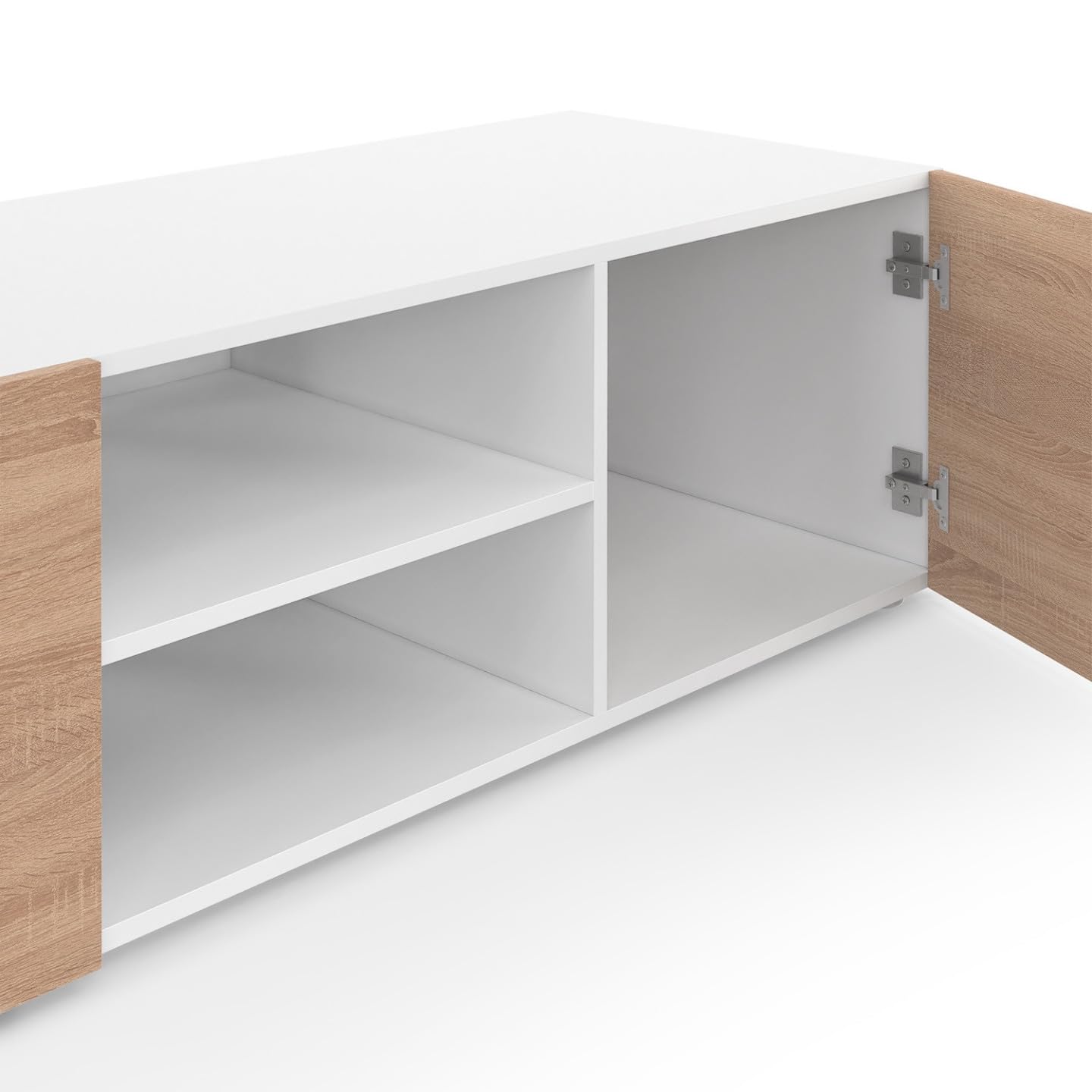 IDMarket - Meuble TV 113 cm ELI Blanc Portes façon hêtre