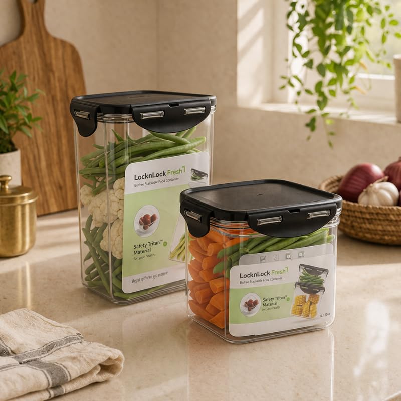 Image of LocknLock Bisfree Modular Storage Container Setof 2 (1000ml + 1800ml) | Stackable Airtight Food Containers | Microwave, Freezer & Dishwasher Safe | BPA Free Kitchen Storage Boxes