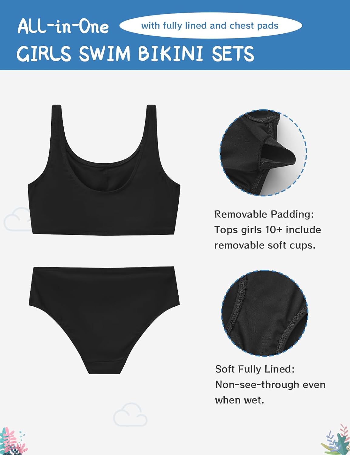 Girls' Two-Piece Bikini Sets, UPF 50+ Sun Protection Swimwear with Fully Lined and Removable Chest Pads