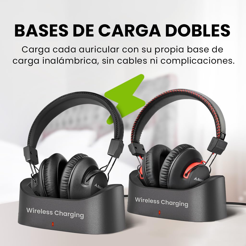 Avantree HT41899 Plus 2 - Dual Auriculares Inalámbricos TV Bluetooth 5.3 con Transmisor, Bases de Carga, aptX Adaptive y Baja Latencia, Compatible con Salida Óptica y AUX 3,5 mm
