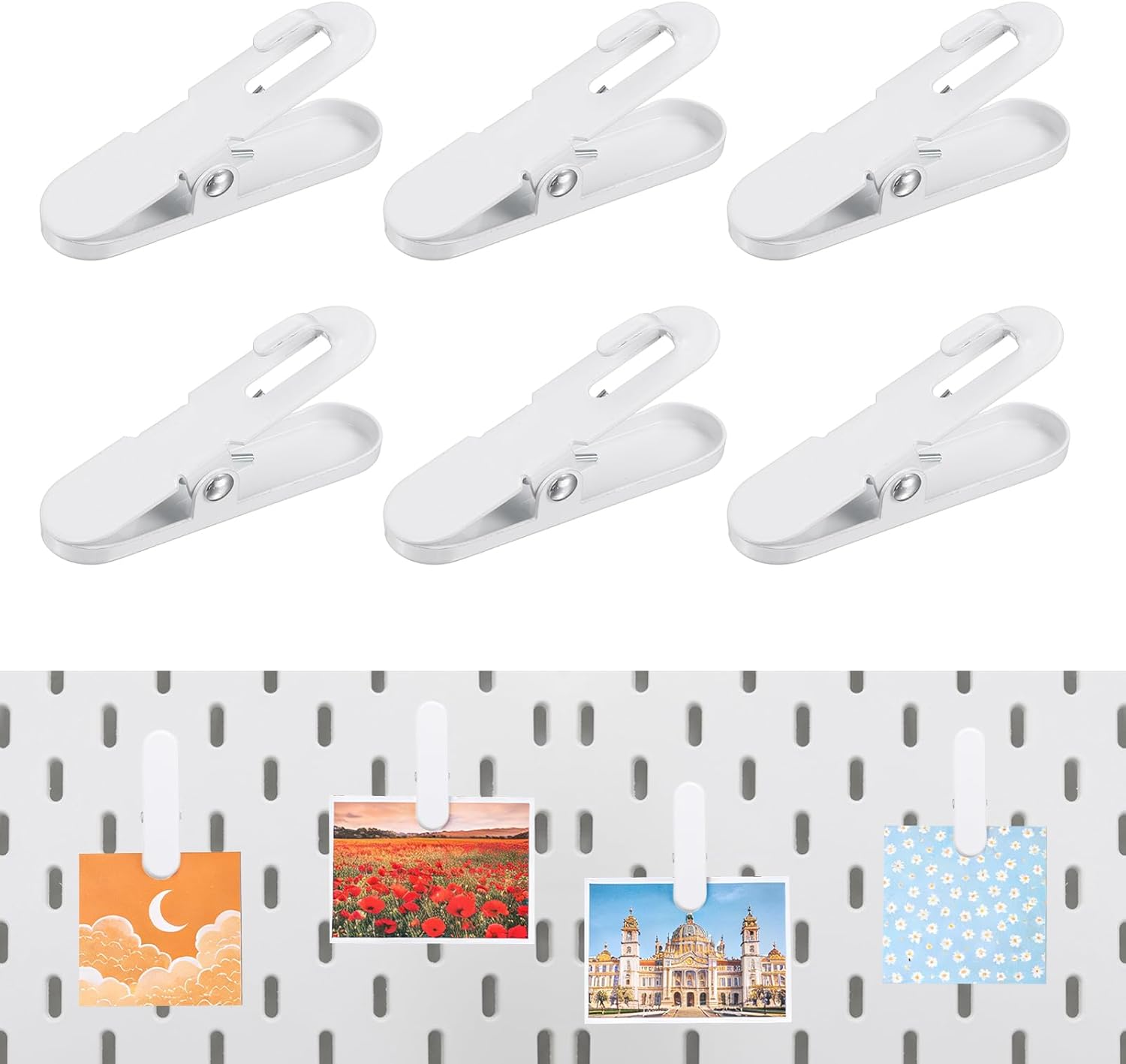 uxcell 6Pcs Pegboard Accessories Clips, 2.4 x 0.6 in Pegboard Clips Metal Accessory Hook Metal Peg Board Photo Clip for Crafts Kitchen Office Wall Organize Storage Display, White