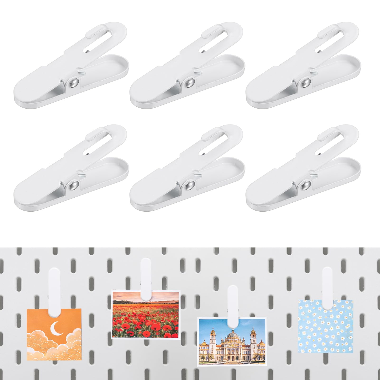 sourcing map 6Pcs Pegboard Accessories Clips, 2.4 x 0.6 in Pegboard Clips Metal Accessory Hook Metal Peg Board Photo Clip for Crafts Kitchen Office Wall Organize Storage Display, White