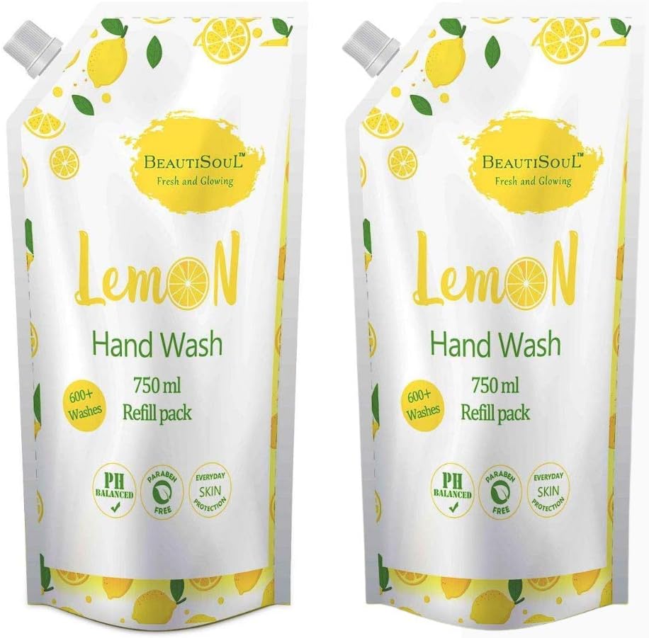 Beautisoul Lemon Handwash with Pure Lemon and Glycerin Refill Pouch | pH balanced |Made in India | Cruelty Free | Germ protection (Pack of 2) (750 ml x 2)