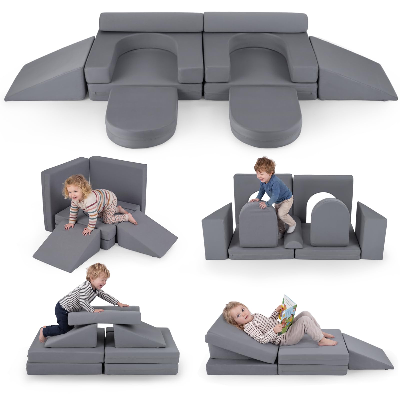 COSTWAY 10-częściowa modułowa sofa do zabawy, rozkładana sofa dziecięca ze zdejmowaną i nadającą się do prania poszewką z zamszu, piankowe klocki do pokoju dziecięcego, kanapa dla dzieci od 3 lat