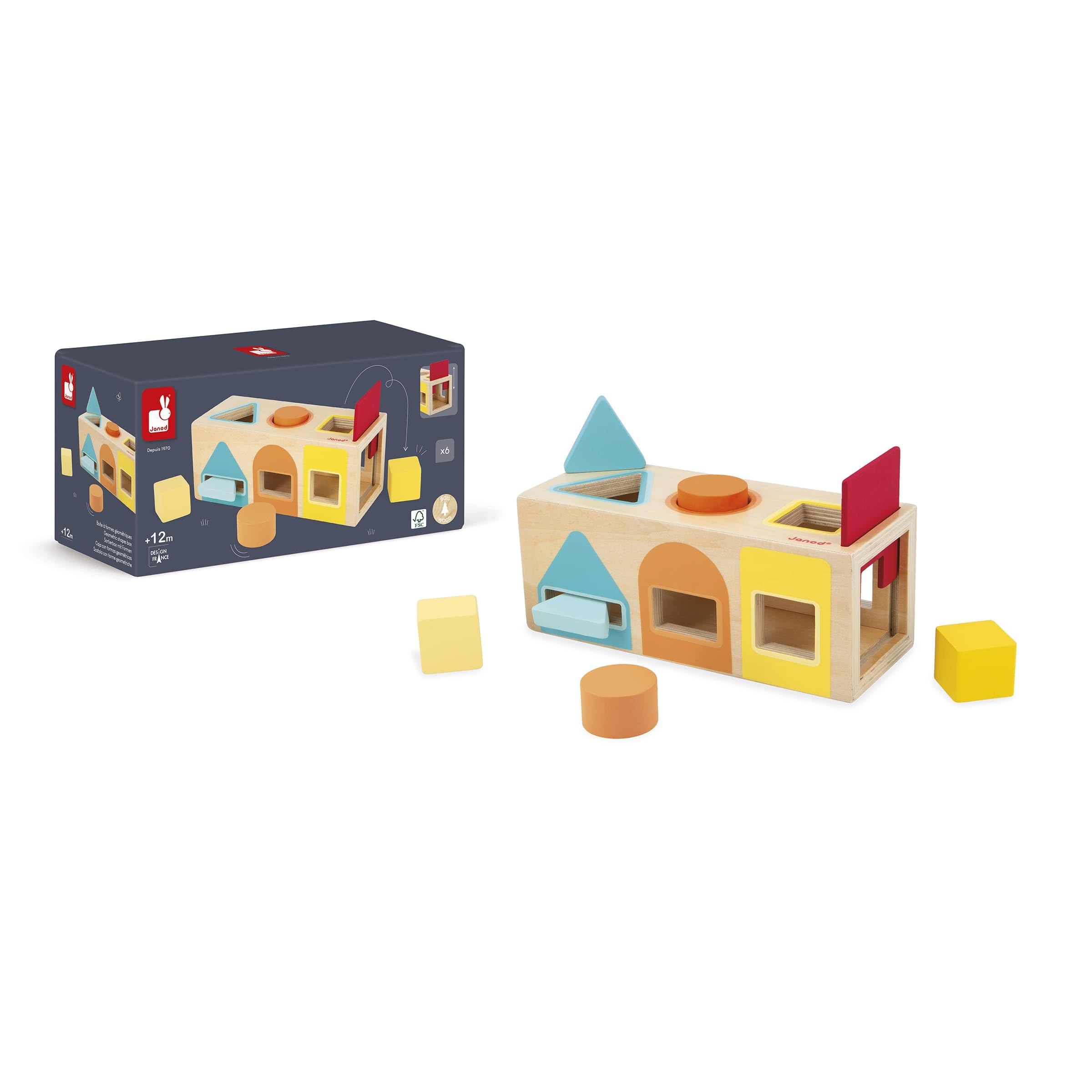 Janod - Geometric Shape Box (Wood) - Wooden Early-Learning Toy - Educational Game - Fine Motor Skills - 12 Months - J05330