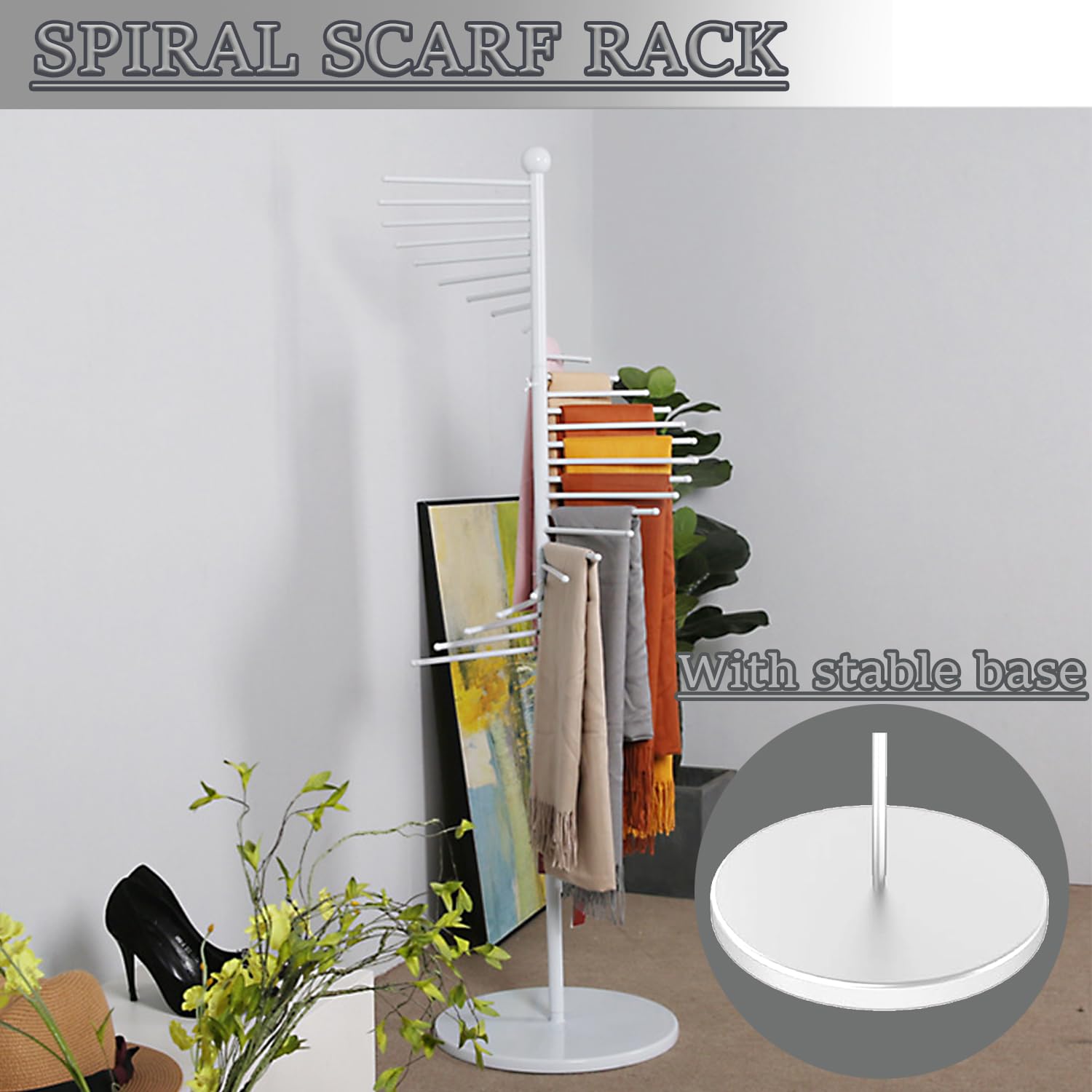 UWYTGF Floor Standing Scarf Display Stand,Standing Metal Scarf Rack,30 Large Capacity Scarf Organizer,Boutique Retail Store Silk Scarf Storage Rack,for Cloakroom,Clothing Store