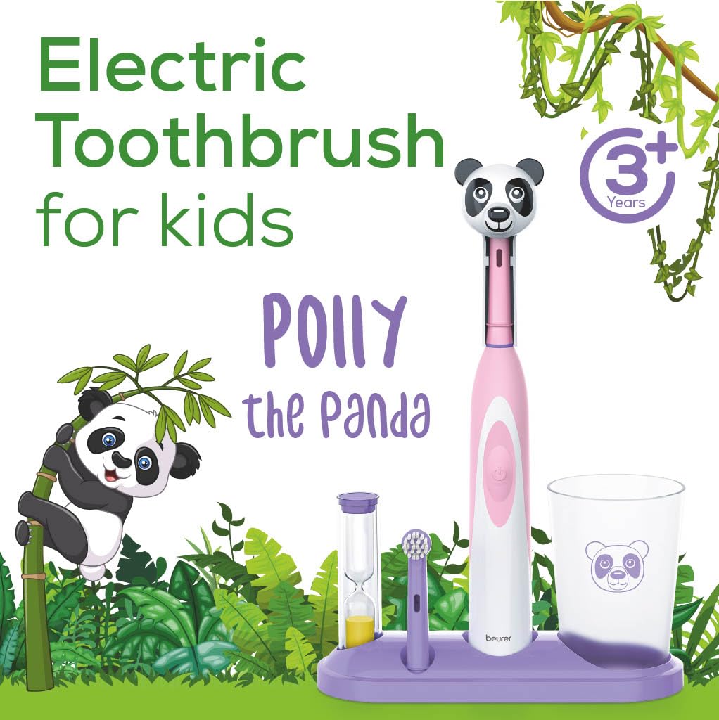 Beurer TB10 - Kit per spazzolino elettrico per bambini, con tappo divertente Polly The Panda, con 2 testine extra morbide per rimuovere la placca, timer da 2 minuti e tazza per risciacquare, senza BPA