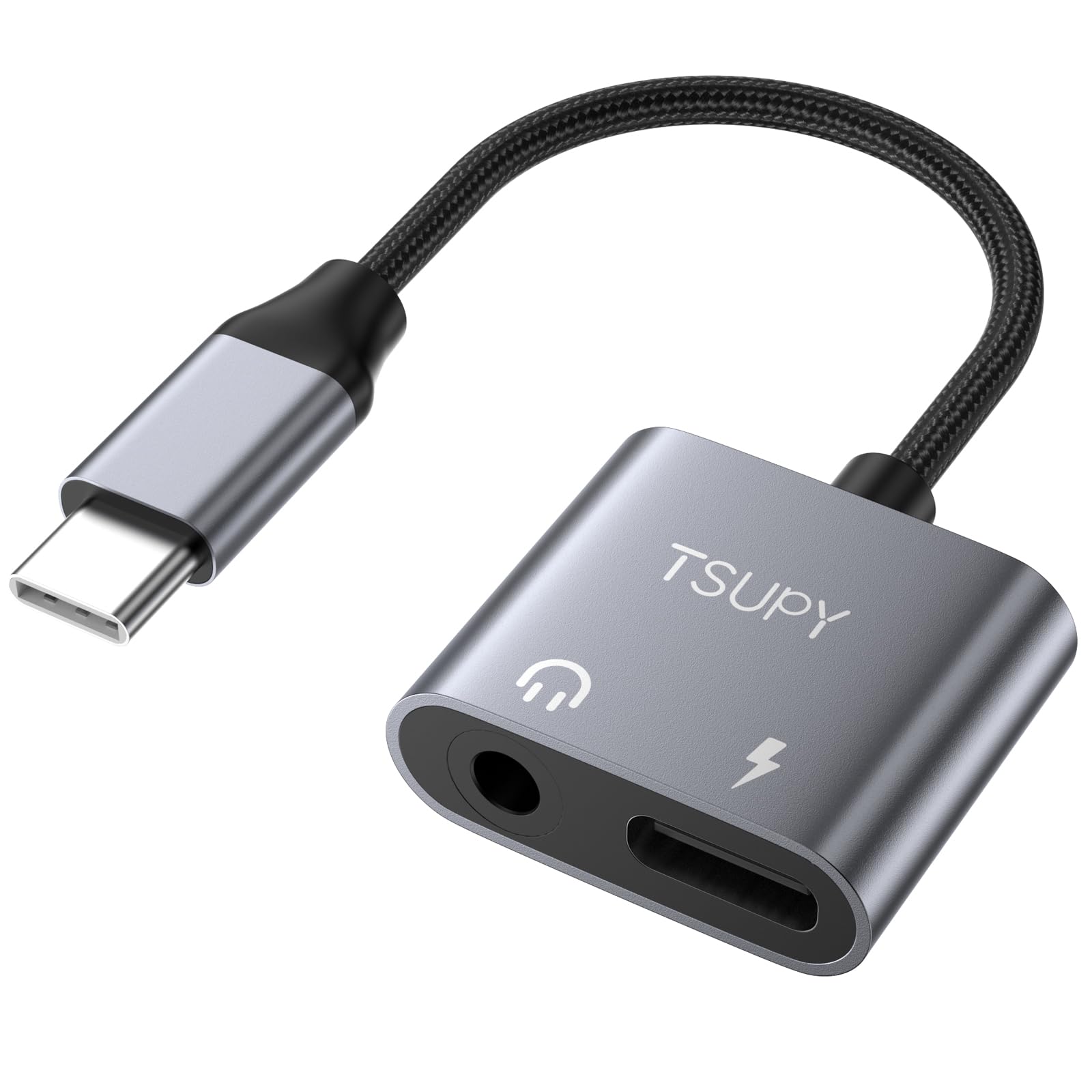 TSUPY 2-in-1 Adapter USB-C auf 3.5mm Audio & PD 60W Laden - USB C auf Klinke Konverter mit Aluminium-Gehäuse und robustem Geflecht, für Smartphones, Tablets, Laptops