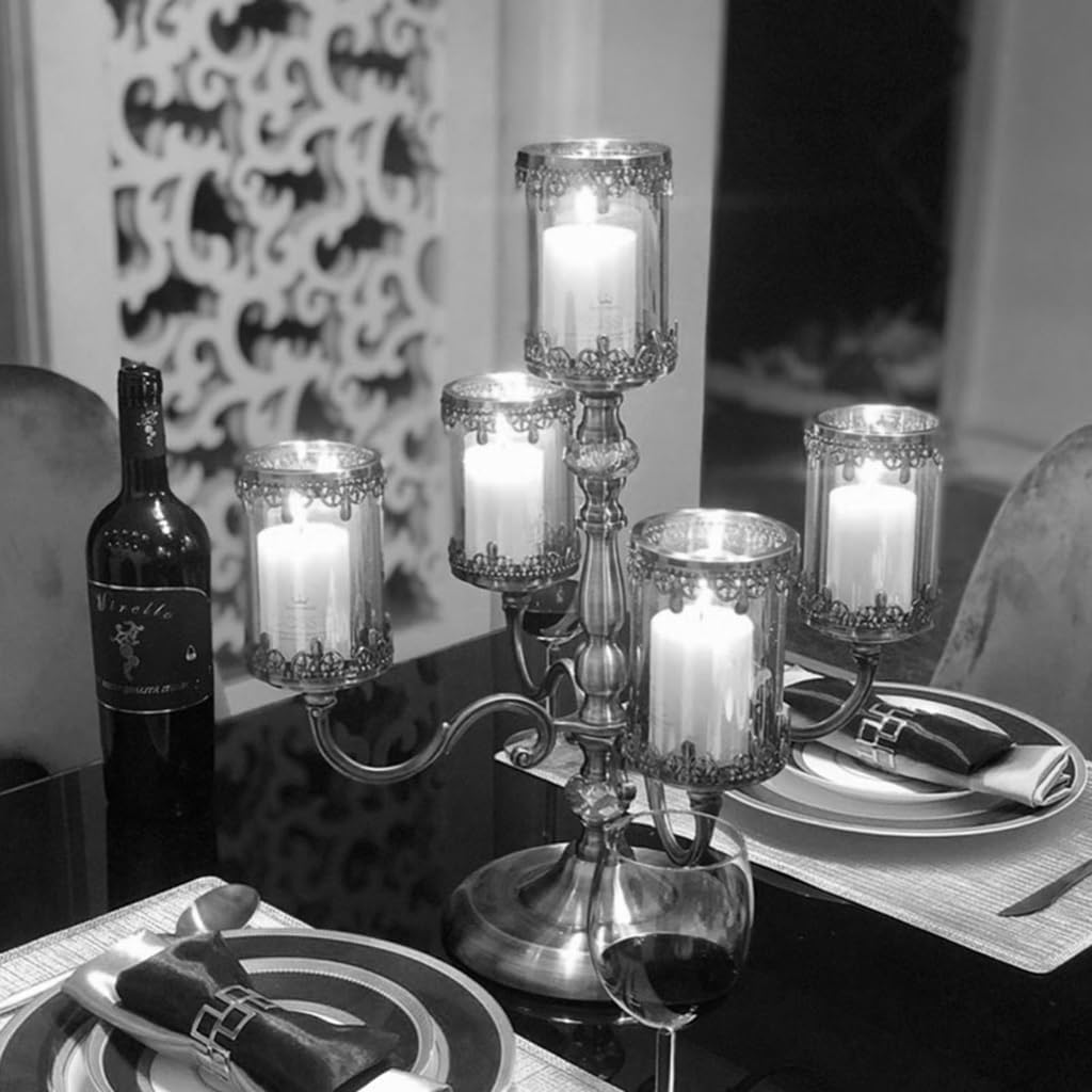 Vintage Candlestick, Candlestick,Candlestick Holder Candelabra Decorative Candle Holders 5 Arms Candelabra Metal Candle Stand with Glass Candle Cup Vintage Candle Holders(Gold)