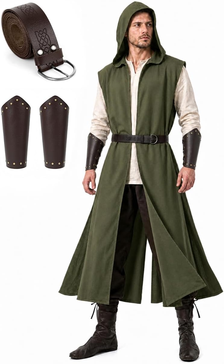 HOMELEX Men's Renaissance Costume 3 Piece Medieval Hooded Surcoat LARP Set