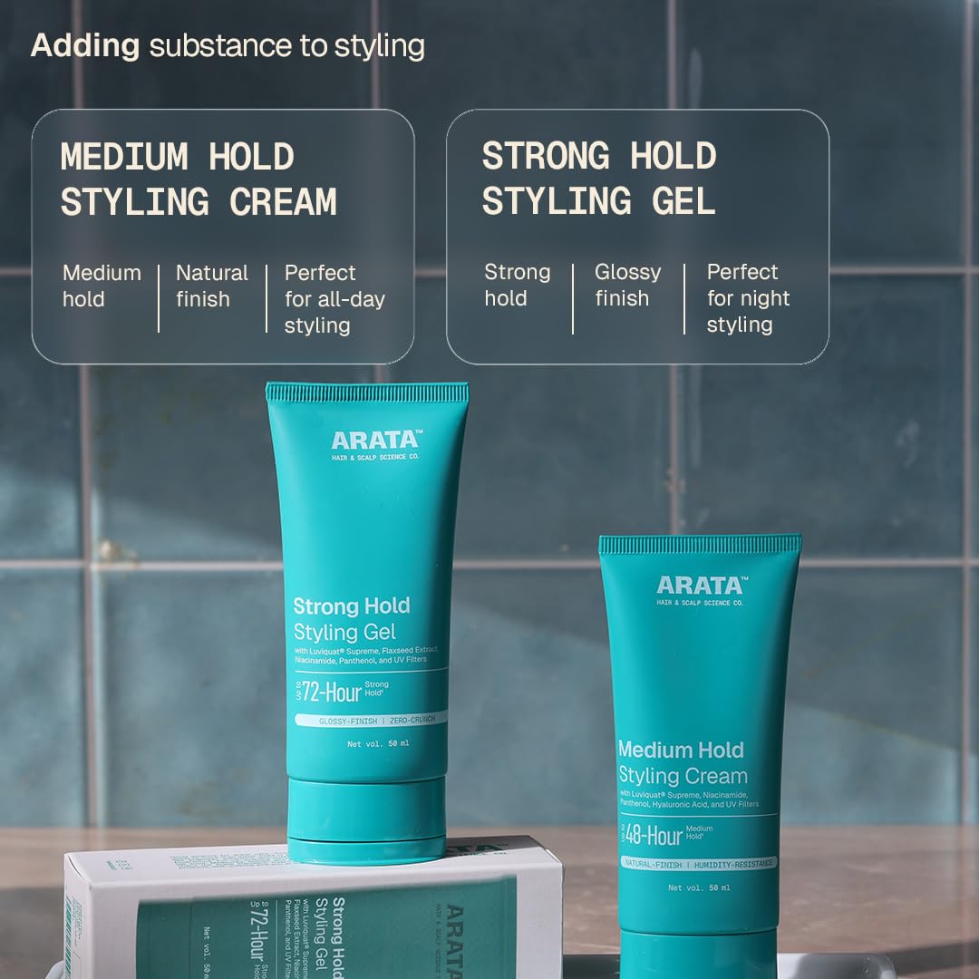 Arata Styling Combo of 2 - Hair Cream (50 ML) & Styling Hair Gel (50 ML) | For Glossy & Matte Looks | Soft & Strong Hold | Defined, Frizz-Free Hair | Adds Texture & Boosts Moisture | For All Hair Types 1