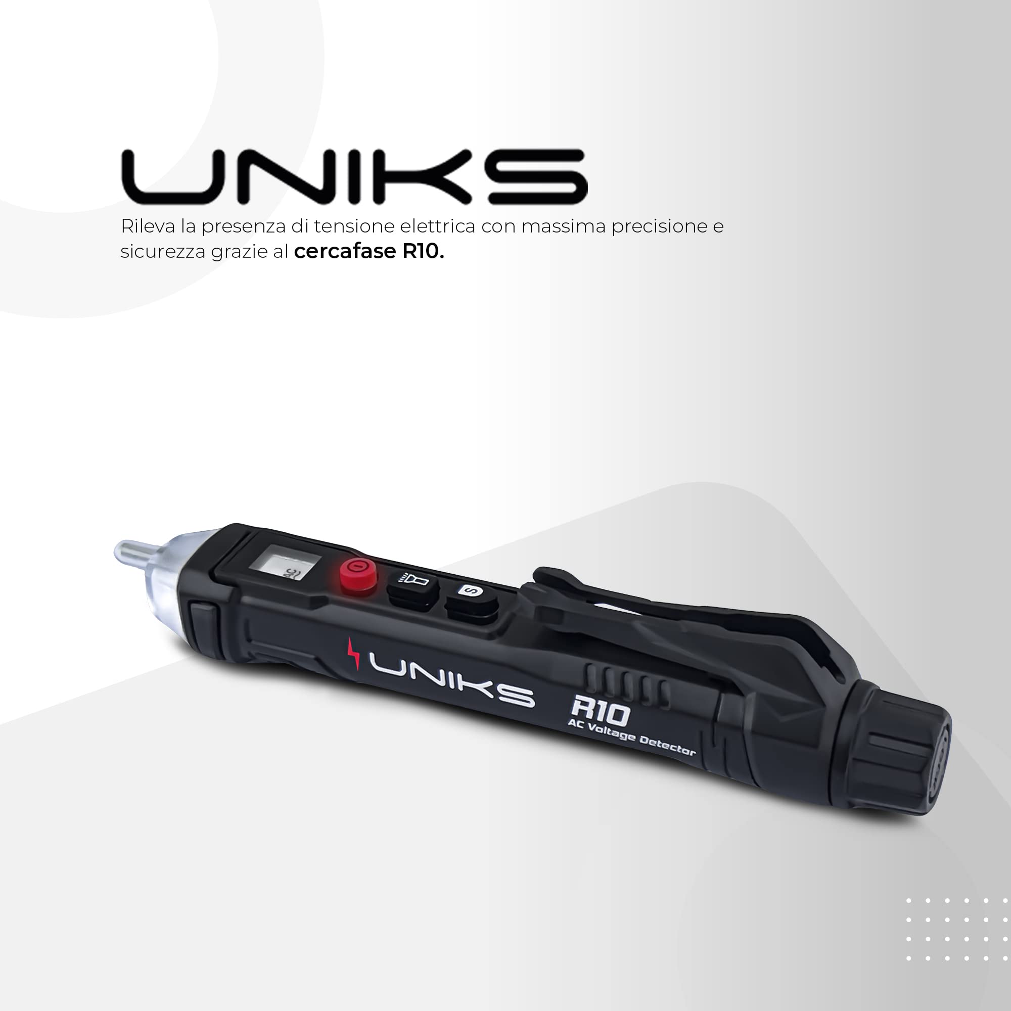 UNIKS - Cercafase Professionale R10 Rilevatore di Tensione per 3 Intensità, Tubi e Cavi Elettrici Senza Contatto con Display, Torcia e Doppia Sensibilità