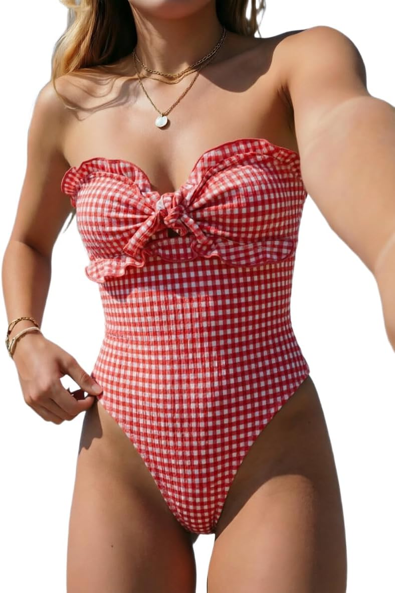 GORGLITTER Women's Cutout Tie Knot Bandeau One Piece Swimsuits Gingham Ruffle Trim Sleeveless Strapless Bathing Suits