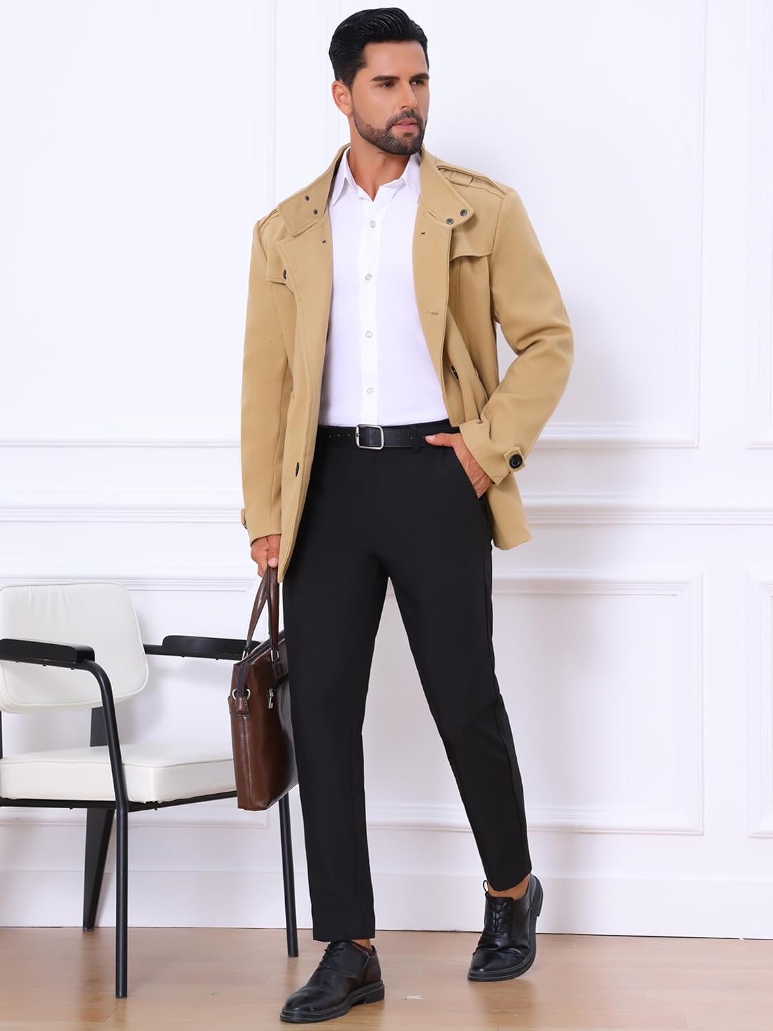 Lars Amadeus Men's Pea Coats Stand Collar Double Breasted Notch Lapel Winter Trench Coat - Image 4