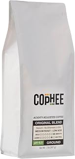Low Acid Coffee – Original Blend – Bulk Pack – Ground Medium Roast – Smooth Non-GMO Arabica Coffee – Electrolyte Infused for Sensitive Stomachs, Acid Reflux, and Heartburn ~pH 6.5 – 32 oz Original by COpHEE