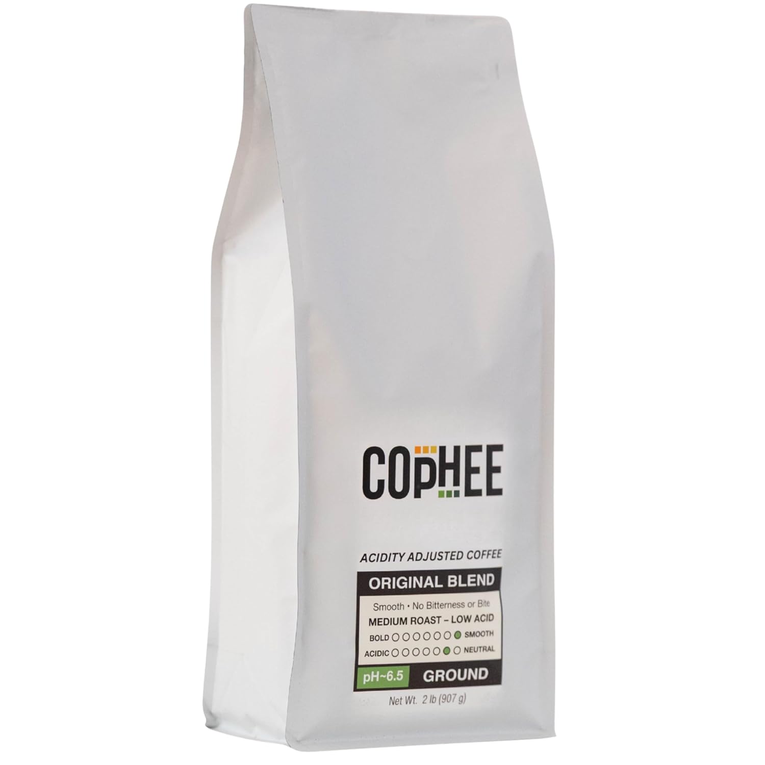 Low Acid Coffee – Original Blend – Bulk Pack – Ground Medium Roast – Smooth Non-GMO Arabica Coffee – Electrolyte Infused for Sensitive Stomachs, Acid Reflux, and Heartburn ~pH 6.5 – 32 oz Original by COpHEE