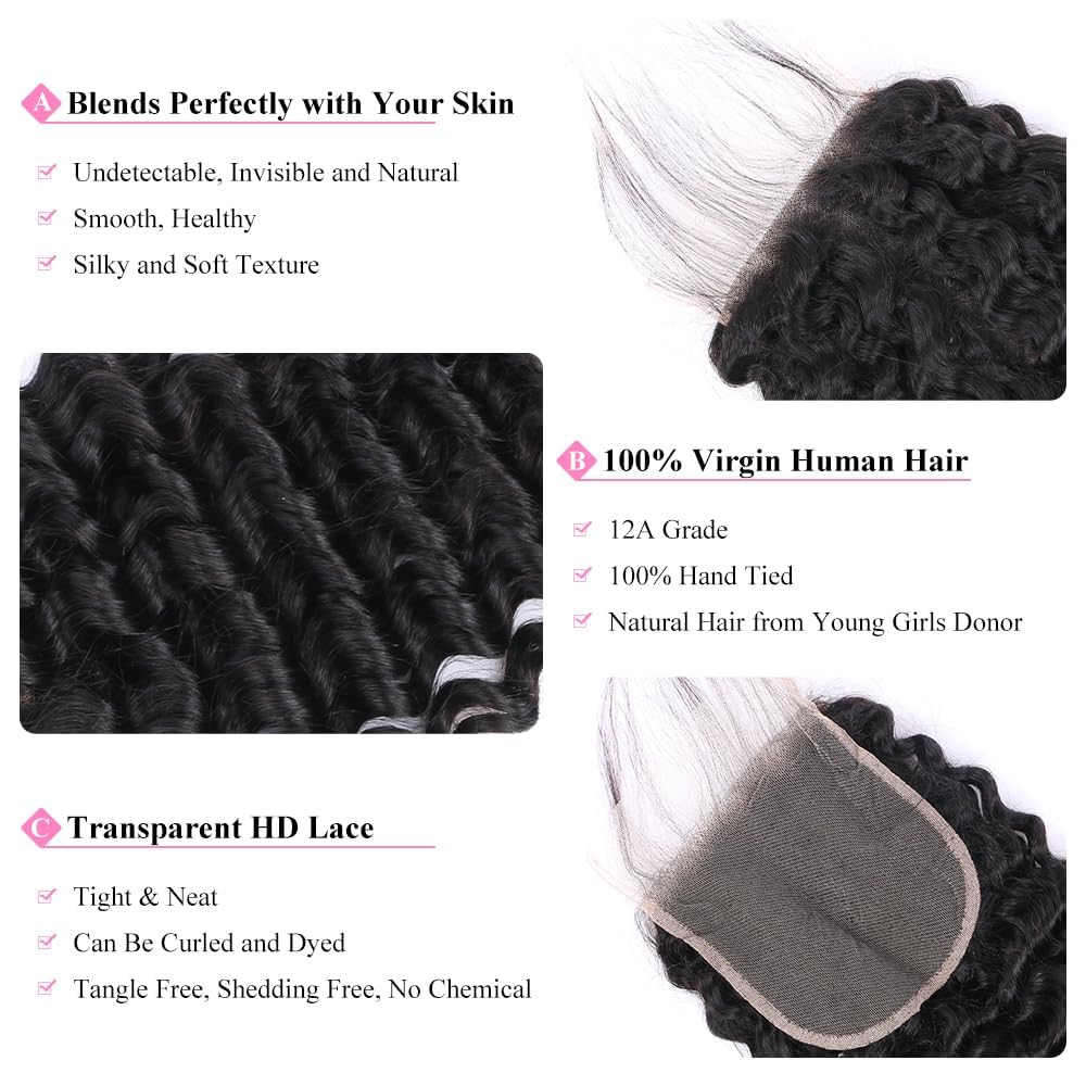 5x5 Transparent HD Lace Closure Human Hair Deep Wave 14 Inch Virgin Human Hair Closure HD Lace Closure Pre-plucked Natural Black with Baby Hair