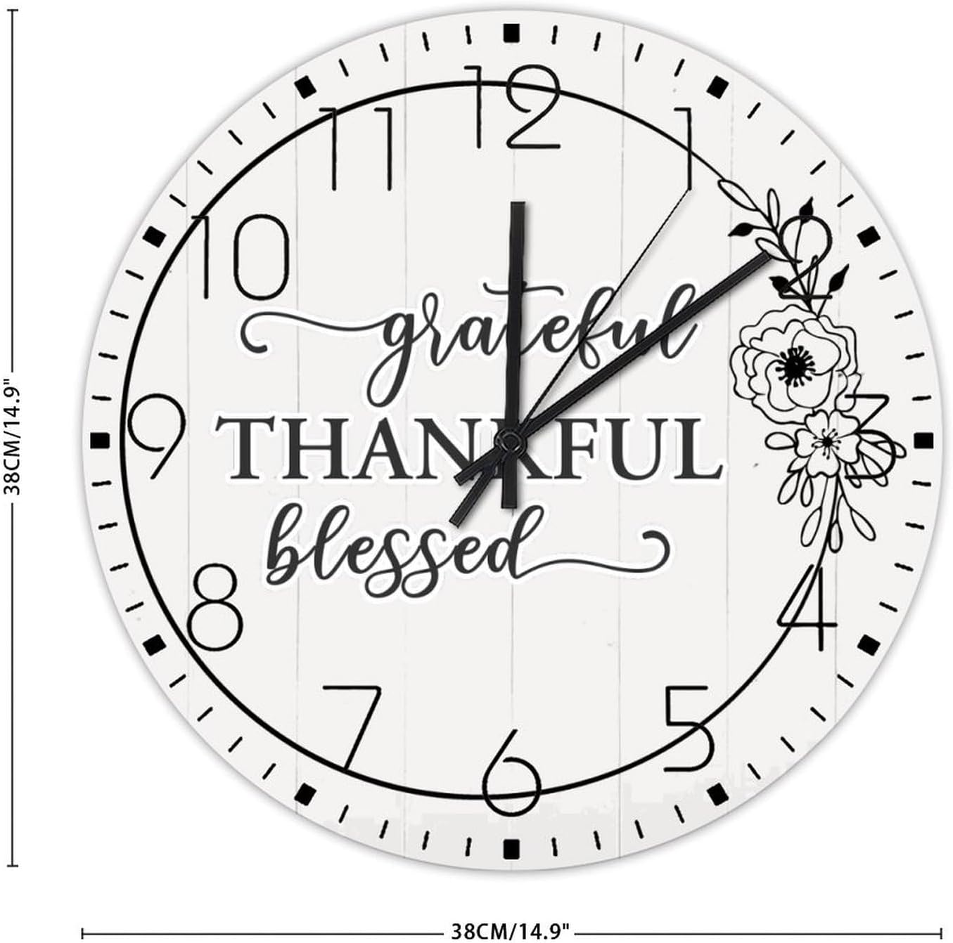 Wood Wall Clocks Non-Ticking Sweep Movement Grateful Thankful Blessed Personalized Wall Clocks Wreath of Roses Pine Home Decor for Girls Room Home Conference Room 15 Inch, Style-1