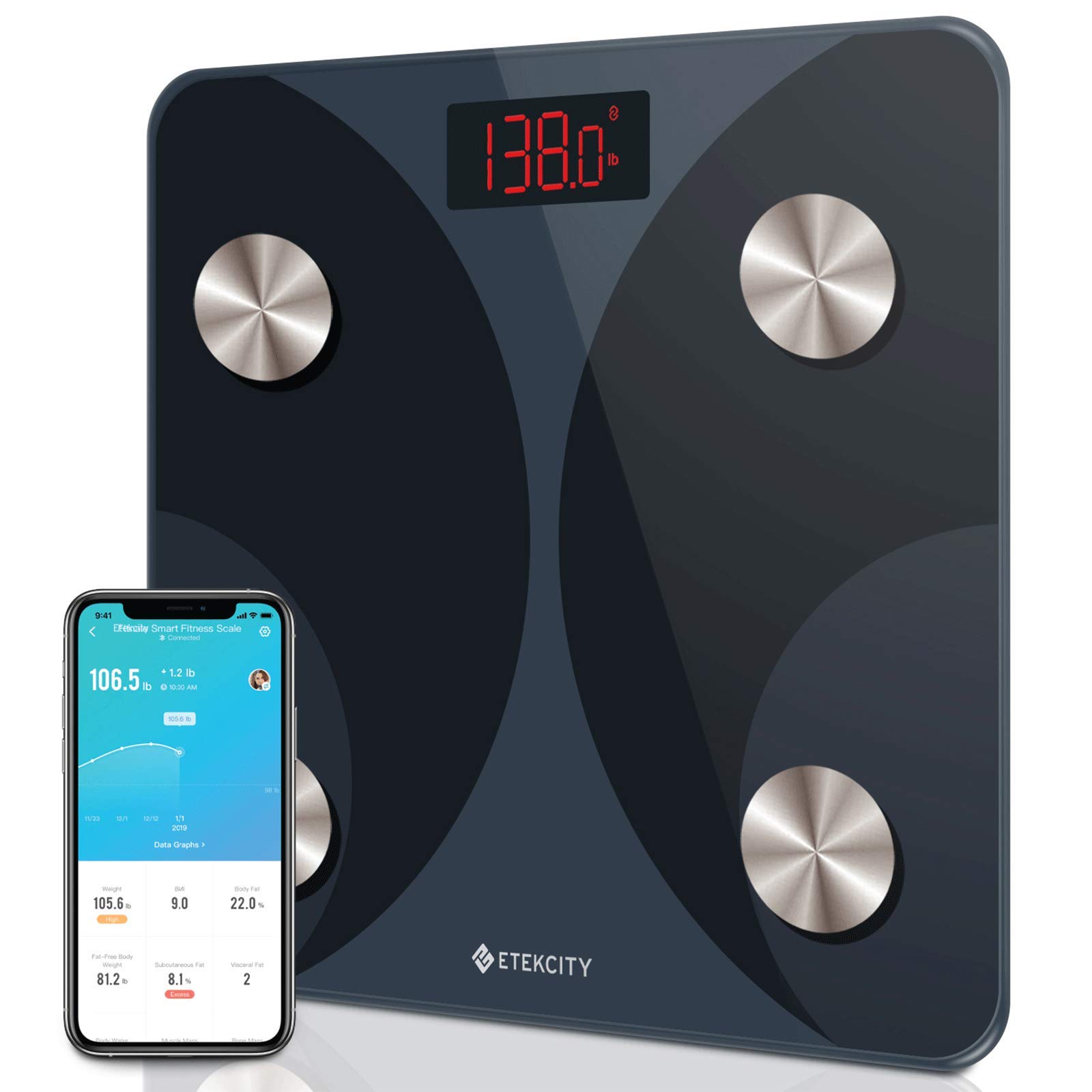 Etekcity Scales for Body Weight and Fat, Sync with Bluetooth, Black, 1 Count (Pack of 1)