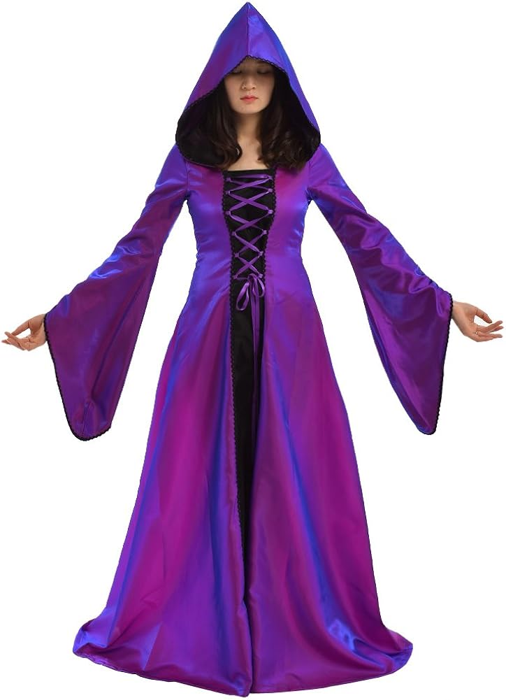 BLESSUME Women Renaissance Lace-up Vintage Hooded Dress Medieval Witch Dress Cosplay Costume