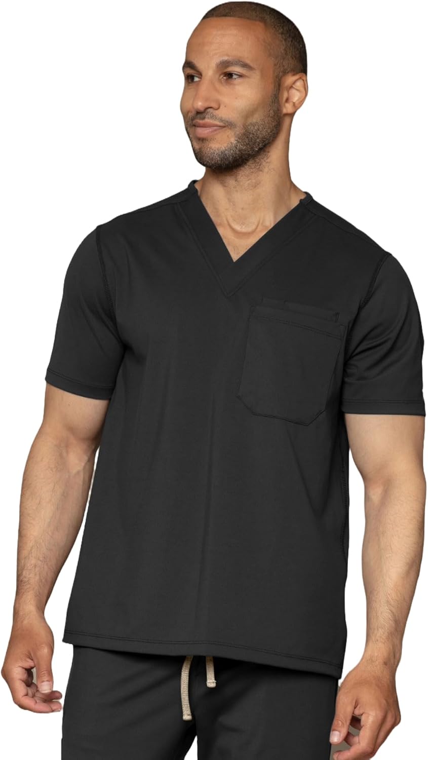 Scrub Top for Men - 3 Pockets, Tailored Fit, V-Neck, 4-Way Stretch, Moisture-Wicking, Black, Large