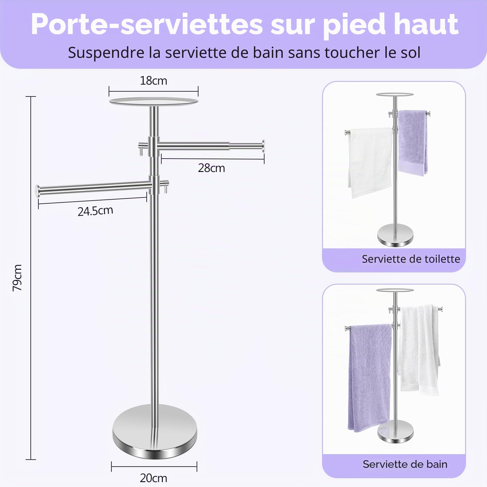 Alyvisun Porte Serviette Salle de Bain, Porte Serviette sur Pied avec Plateau et 2 Bras Extensibles [Réglable en Hauteur et Rotatif à 360°], Porte-Serviettes en Acier Inoxydable, Argent