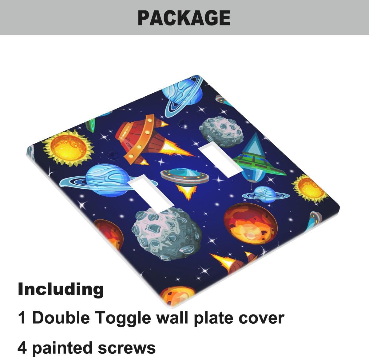 Planets Cartoon Double Toggle Light Switch Cover Astronaut Rocket Spacecraft Wall Plate Covers 2-Gang Toggle Switch Plates Home Decorative Office