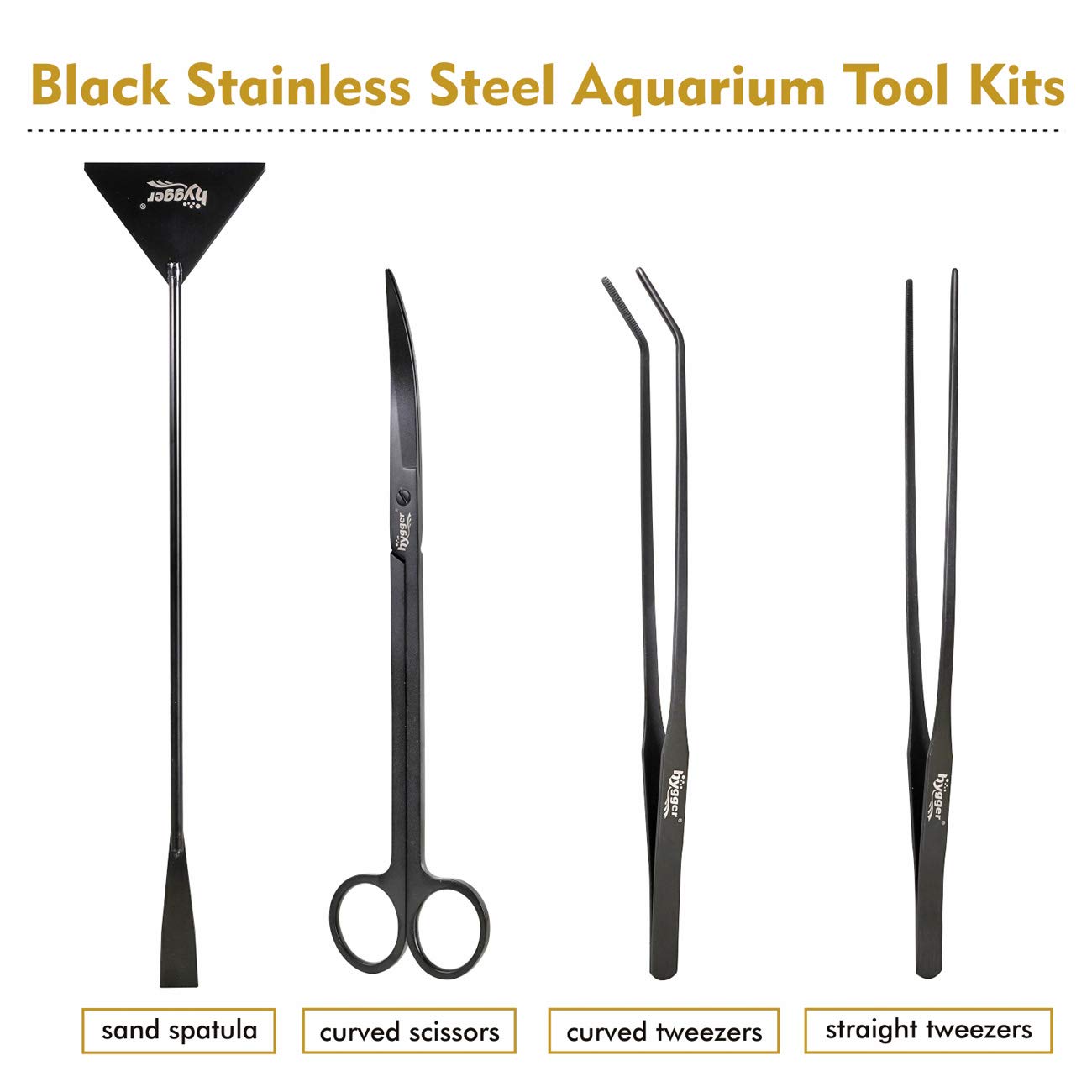 hygger Long Outil d'Aquarium Premium en Acier Inoxydable, 4pcs Plantes Aquatiques Pincettes Ciseaux Spatule Kit avec 1 Chiffon de Nettoyage pour Aquarium Débutant