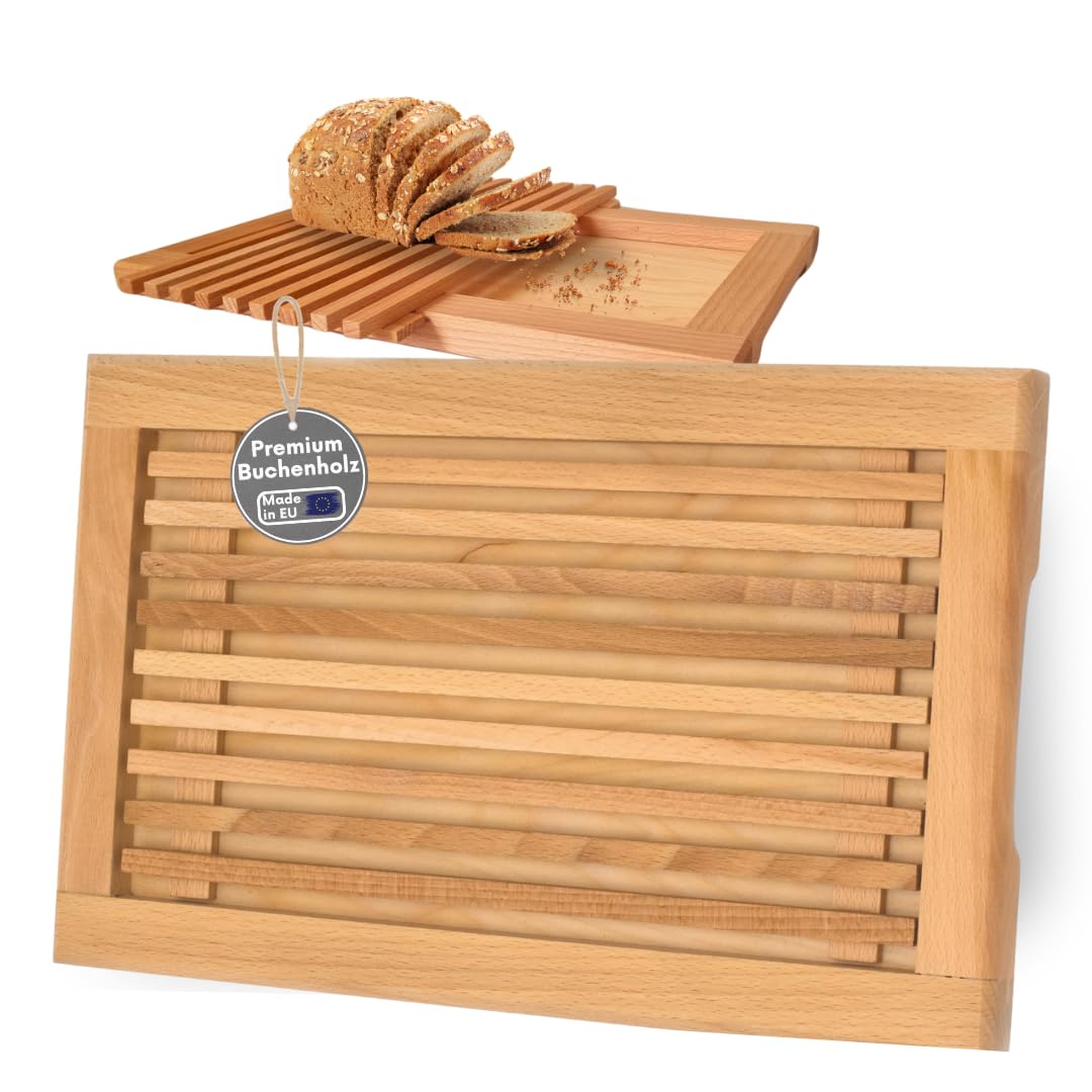 Beech Bread Chopping Board as a Chopping Board for Bread with Plank Your Bread Board for Cutting – A Wooden Board with Crumb Compartment 40 x 25 cm Bread Cutting Board Made in EU