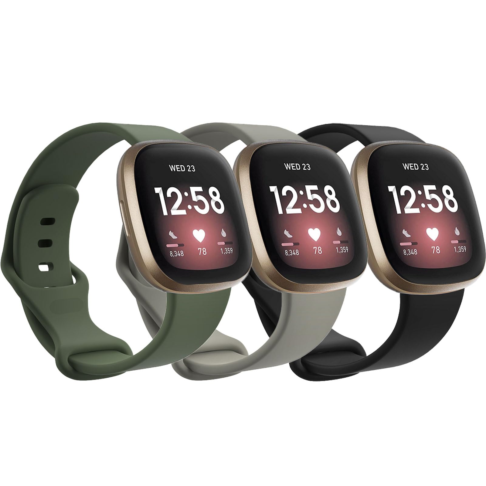 Garmcool 3 Pack Straps Compatible for Fitbit versa 4/3, Sense 2 / Sense Strap, Adjustable Replacement Silicone Sport Bands for Women Men/Black, Dark Green, Grey, L