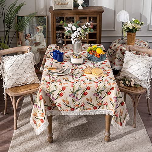 Sutavia Cotton Tulip Tablecloth Exquisite Hand-Made Floral Fabric With Cotton Macrame Lace Rustic Sofa Cover Blanket Multi-Purpose For Spring Summer Home Holiday Dining Room Indoor Outdoor   #TOP6
