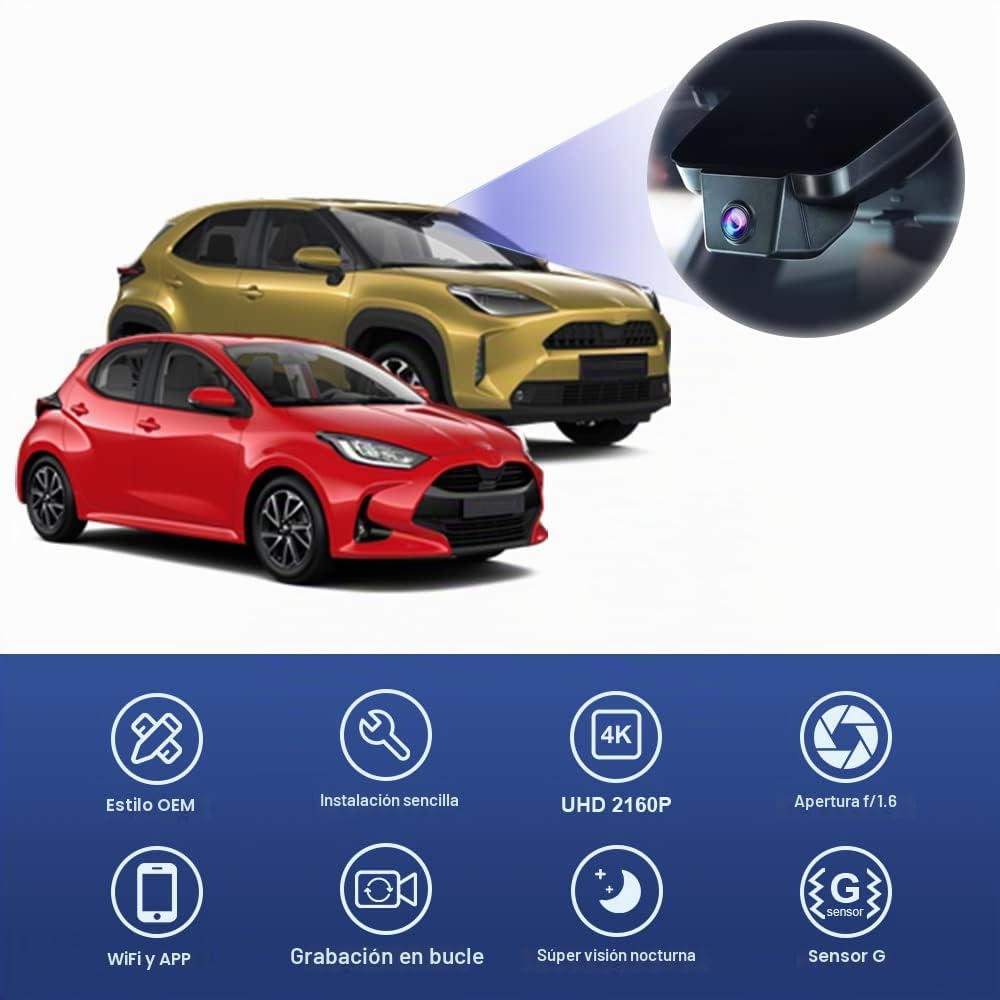 Fitcamx Dashcam 4K Adecuado para Yaris & Yaris Cross 2020-2023 XP210 4th Gen, OEM Cámara de Coche, 2160P UHD Video WiFi, Night Vision, G-Sensor, Grabación en Bucle, WDR, Plug & Play, Tarjeta de 64GB