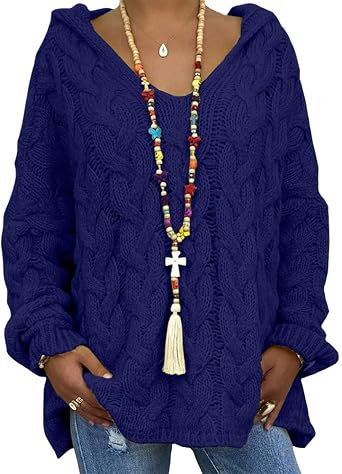 ZOCANIA Womens Chunky Cable Knit Pullover Hooded Sweaters V Neck Long Sleeve Oversized Loose Hoodies Crochet Sweaters
