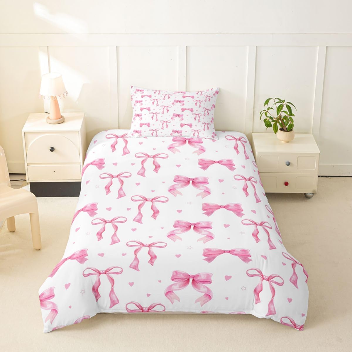 Castle Fairy Cute Bow Kids Duvet Cover Set Toddler Size,Ribbon Bow Knot Bedding Set,Sweet Princess Style Room Decor,White Pink Quilt Cover,1 Pillowcase(No Comforter) image 2