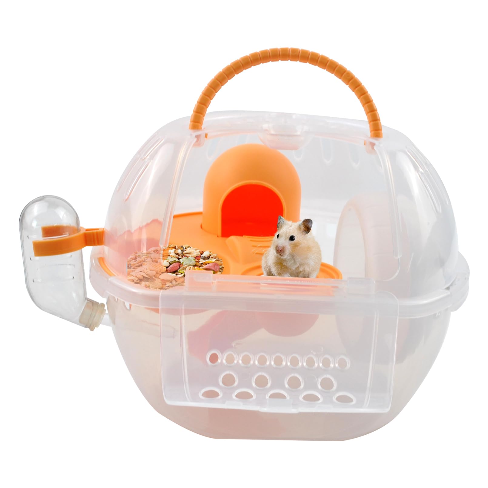 MUYG Hamster Transport Carrier,2 Tiers Dwarf Hamster Cage Carrier Breathable Small Animal Travel Carry Case with Silent Exercise Wheels Water Bottle