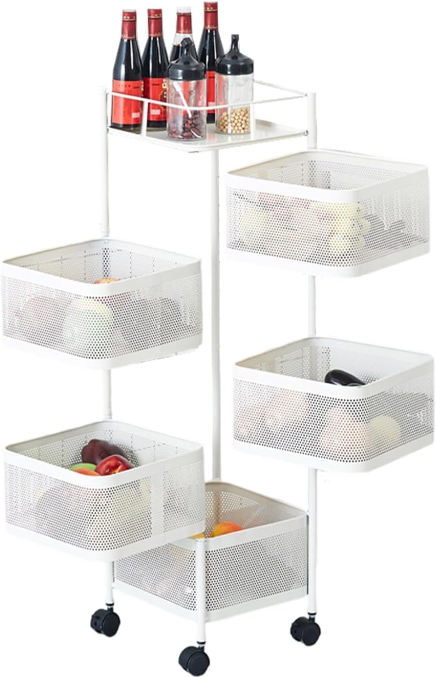 Rolling Storage Cart, 5 Tier Metal Mesh Rolling Cart Organizer with Top Lid, Rotating Kitchen Storage Cart, Organizador De Frutas Y Verduras for Fruit Vegetable Grocery Storage, White